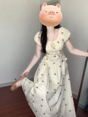 Cyflymder French Retro Bow Printed Puff Sleeve Dress for Women New Style Waist-hugging and Slimming Vacation Long Skirt