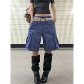 Cyflymder American Retro Plus Size Washed Loose Leg Denim Shorts Women Large Pockets Knee Length Shorts Vintage Streetwear Daily Casual