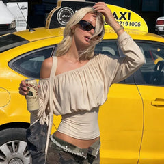 Cyflymder Off Shoulder Ruched Waist-cinching Top Women Solid Color Slanted Collar Long Sleeve Casual T-shirt Y2K Hot Girl Sexy Tee