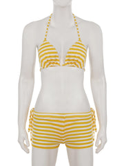 Cyflymder Beach Style Striped Bikini Sets Holiday Sexy Bandage 3 Piece Sets Backless Brief Halter Tops Low-Waisted Pantys Shorts