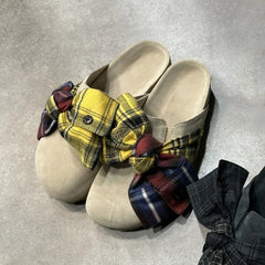 Cyflymder Women's Vintage Plaid Bow Mules Summer Round Toe Slip-On Casual Suede Shoes Toe Slides for Ladies