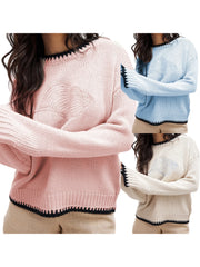 Cyflymder Women s Cable Knit Sweaters Long Sleeve V-Neck Star Embroidery Pullovers Oversized Fit Tops with Ribbed Trim
