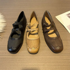 Cyflymder Vintage Square Toe Double Strap Mary Jane Shoes For Women Versatile Inner Height Increasing Leather Dress Footwear
