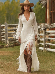 Cyflymder Elegant Vintage Women's Boho Tassel Dress White Lace V Neck Fringe Sleeve Autumn Fashion Party Dress Wedding Guest Maxi Dresses