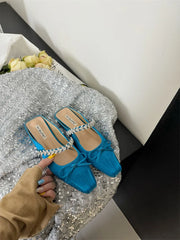 Cyflymder Shoes Square heel Glitter Slides Butterfly-Knot Cover Toe Ladies' Slippers Block Jelly Summer Butterfly-knot Crystal Shoes Woman
