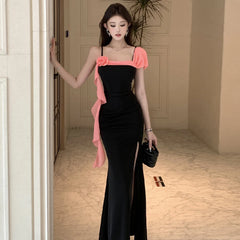 Cyflymder French Temperament Evening Dresses Women Sexy Flower Ribbon Suspender High Waist Slim Fit Split Party Long Dress Summer