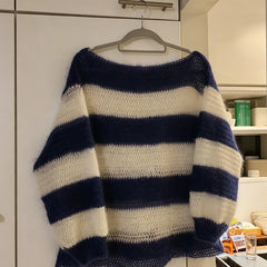 Cyflymder Women Y2K Navy White Striped Fuzzy Knit Sweater Boat Neck Long‑Sleeve Hollow‑Out Loose Cropped Pullover Casual Knit Top