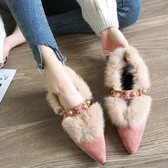 Cyflymder Trendy Fur Shoes Women's Autumn/winter Outerwear New Style Versatile Pointed Mid Heel Coarse Heel Shoe Hopping Bean Shoes