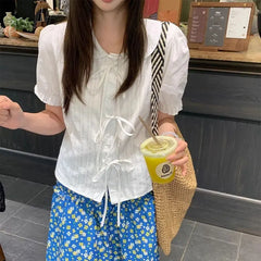 Cyflymder Female Clothing Fashion Peter Pan Collar Shirts French Style Drawstring Bow Summer Solid Color Basic Short Sleeve Aura Blouse