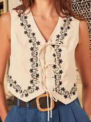 Cyflymder Women s Boho Embroidered Sleeveless V Neck Tank Top Floral Print Loose Fit Summer Shirt Blouse Camisole Tops