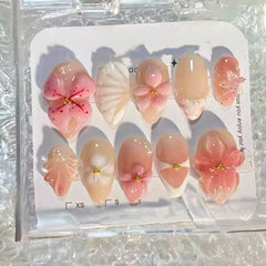 Cyflymder 24Pcs Mid-length Almond Fake Nails Press on Blue Gradient 3D Flower Full Cover Nails Tips Pearl Wearable Artificial False Nails