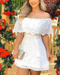 Cyflymder Hollow Out White Dress Women Summer Off Shoulder Lace Up Mini Dress Fashion Lace Splicing Holiday Long Dresses