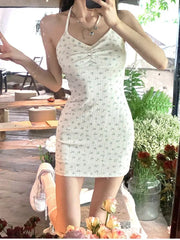 Cyflymder Summer Suit for Women Waist-hugging Short Printed Suspender Dress Thin + Long-sleeved Shirt Two-piece Set