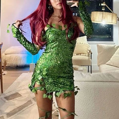 Cyflymder Womens Halloween Forest Fairy Elf Cosplay Dress Up Costume Sequin Dress Outfits Halloween Fancy Dress with Gloves