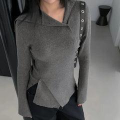 Cyflymder Elegant Simple Solid Turn Down Collar Lrregular Single Breasted Pullovers Y2k Aesthetic Knitted Casual French Tops Punk Knitted