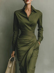 Cyflymder Elegant Asymmetrical Lapel Women's Midi Dress Green Ruched Long Sleeve Slim Pocket Temperament Fall British Office Lady Dresses