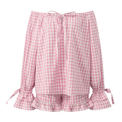 Cyflymder Vintage Plaid Pajama Set Elegant Lady Off Shoulder Tops + Ruffle Shorts Women 2 Piece Lounge Outfit Loose Sleepwear