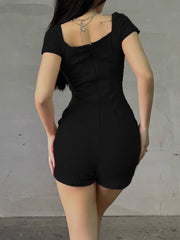 Cyflymder Sporty Activewear Basic Solid Playsuits Sexy Slim Square Collar Short Sleeve Rompers Women Summer Fashion Streetwear