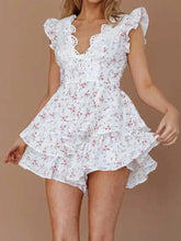 Cyflymder BRODERIE DETAIL FLORAL BEACH PLAYSUIT women V-neck tiered ruffled jumpsuits women boho beach jumpsuit women