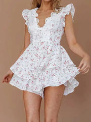 Cyflymder BRODERIE DETAIL FLORAL BEACH PLAYSUIT women V-neck tiered ruffled jumpsuits women boho beach jumpsuit women