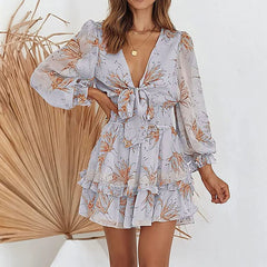 Cyflymder Women'S Summer Floral Print Chiffon Dress Deep V Neck Long Sleeve Ruffled Hem Mini Dress Knot Waist A Line Cute Boho Beach Dress