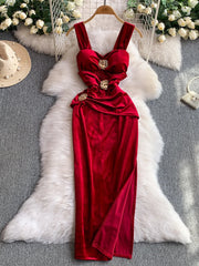 Cyflymder Ele Velvet V-Ne Metal Flower Print Wrap Dr Women's Faion Autumn Long Dr High Waist A-Line Skirt No Sve