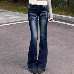 Cyflymder Women Vintage Deep Blue Jeans Sexy Low Rise Slightly Bell-Bottom Trousers 2025 New Spring Summer Skinny Slimming All-Match Jeans