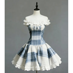 Cyflymder Summer Blue and White Plaid Dress One-word Shoulder Lace Splicing Temperament Waist Commuter Skirt