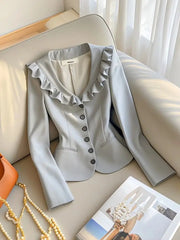 Cyflymder High End Light Luxury Young Waist Cinched Ruffled Edges Grey Mini Suit Spring and Autumn Style Socialite V-neck Suit for Women