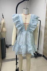 Cyflymder Women s Tie Back Mini Dress Flutter Puff Sleeve Deep V Neck Babydoll Dress Short Ruffle Dress