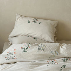 Cyflymder Linen Cotton Jacquard Flowers Embroidery Bedding Set Queen King Size Duvet Cover Set Flat/Fitted Bed Sheet Pillowcases 4Pcs
