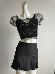 Cyflymder 3 Piece Set Women Butterfly Pattern Cropped Mesh Tops Mini Shorts Skirt Cute Suit for Sweet Girl Black Outfits Kawaii Clothes