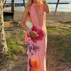 Cyflymder Summer Floral Print Beach Party Dress Women's Sexy Halter Backless Hollow Out Vacation Dress Elegant Hight Waist Slim Long Dress