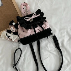 Cyflymder Lolita Black Pink Bow Ruffled Backpack Women Girls Compact Sweet Edgy Commuter Versatile Rucksack Ladies Elegant Mochilas Mujer