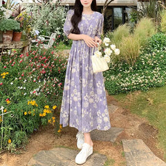 Cyflymder Broken Flowers French Style Dresses Summer Vintage A-Line Waist Women's Clothing O-Neck Printed Stylish Short Sleeve Long Dress