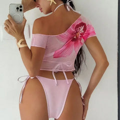 Cyflymder Women Three Piece Bikini Set Vintage Floral Print Lace Up Micro Bikini Mesh Short Sleeve Tops Cover-Up Beach Pool Party Swimsuit