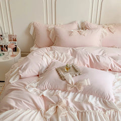 Cyflymder Pink Romantic French Princess Bedding Set, Lace Ruffles, Bow Bedding Set, Single, Queen, King, Duvet Cover, Bed Sheet, Pillowcas