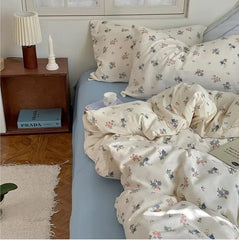 Cyflymder Blue/Pink Floral Duvet Cover set Farmhouse Vintage Chic 4Pcs Flat Bed Sheet Pillow Shams Ultra Soft Microfiber Twin Queen Double