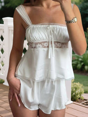 Cyflymder Women s Lace Trim Square Neck Sleeveless Cami Pajama Set with Elastic Waist Mini Shorts - 2 Piece Sleepwear Outfit for a