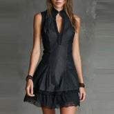 Cyflymder Splicing Solid Color Mini Dress Summer Casual Sleeveless Hight Waist Dress Sexy Deep V-neck Hollow Out Short Dress