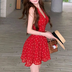 Cyflymder Red Broken Flowers Lace Halter Mini Dress Summer Fashionable Backless Women's Clothing Sleeveless Hotsweet Waist A-Line Dresses