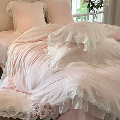 Cyflymder 4Pcs Pink Vintage French Lace Ruffles Princess Bedding Set Winter Milk Velvet Plush Duvet Cover Cover Set Bed Sheet Pillowcases