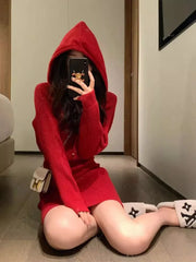 Cyflymder Red Chinese New Year Knitted Hoodie Dress Women Slim Bodycon Short Mini Dress
