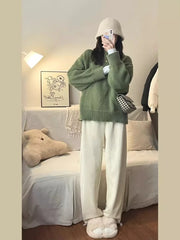 Cyflymder New O-Neck Loose Green Pullover Sweater For Women Autumn Winter Thick Retro Japanese Lazy Style Interior Bottom Knitted Top
