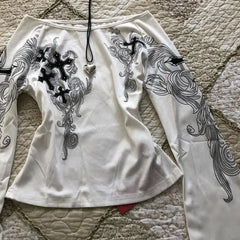 Cyflymder Japanese Vintage Gothic Subculture T-Shirts Women Harajuku Punk Pattern Print O Neck Long Sleeve Slim Tees Y2k Streetwear Tops