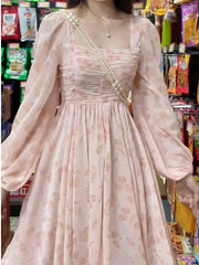 Cyflymder France Vintage Floral Dress Women Spring Print Party Midi Dresses Female Holiday Long Sleeve Korean Fashion Chiffon Dress