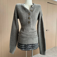 Cyflymder Y2K Slim Gray Sweaters Women Vintage O Neck Long Sleeve Knitted Jumper Casual Buttons Retro Fall Winter Simple Tops Pullover New
