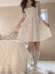 Cyflymder White Dresses Women Summer Sleeveless Floral Pattern A-Line Spaghetti Strap Dress for Kawaii Girls