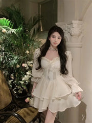 Cyflymder Woman Dress Sweet Square Collar Ribbon Bandage Flare Long Sleeve Elegant Spring Fashion Mini Dresses Party Ladies