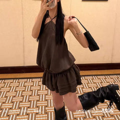 Cyflymder Coffee-colored Hanging Neck Bud Dress Female Summer Splicing Skirt Loose Atmosphere Sleeveless Skirt